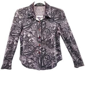 Vintage Creative Jo-an Boho Paisley Purple Black White Silver Button-down Top L